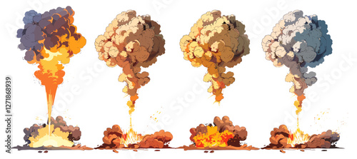ector illustration, atomic bomb explosion, nuclear weapon explosion, catastrophic blast, explosion wave, transparent PNG background, military attack, war impact