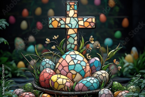 Colorful stained glass cross surrounded by decorated Easter eggs in a vibrant garden setting during springtime