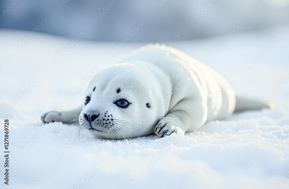 Obraz premium International Squirrel Protection Day. A small white seal puppy lies in the snow. research and caring for marine animals related to climate change