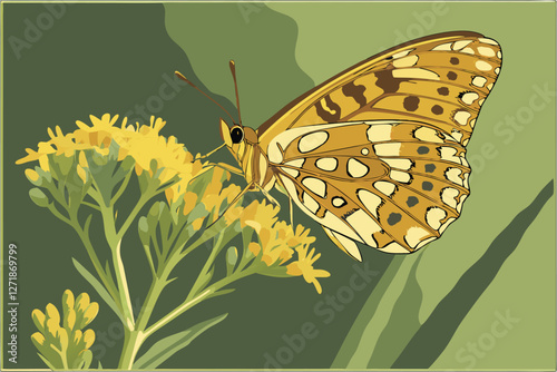  Macro photograph, delicate butterfly, golden brown wings, detailed wing patterns, perched on yellow flower, blurred green background, soft natural lighting, sharp focus on insect, shallow depth of 