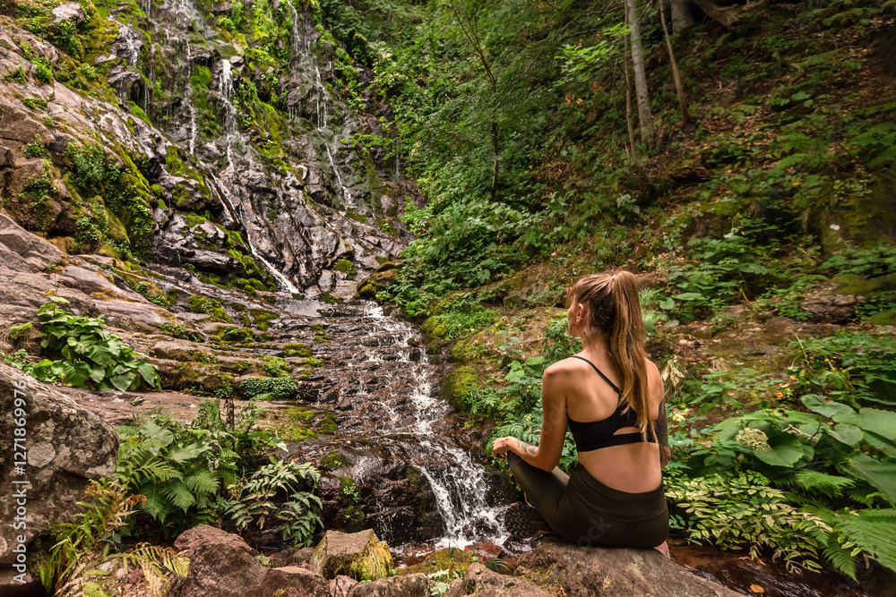 Woman Traveler Sitting near Mountain Waterfall in Woods