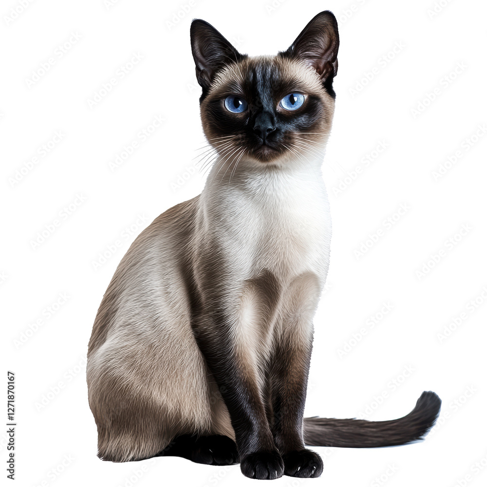 Elegant Siamese Cat with Striking Blue Eyes on white background Elegant Siamese Cat with Striking Blue Eyes on white background