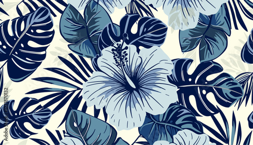 Vintage blue hibiscus flowers, tropical leaves, seamless vector pattern, wallpaper, floral design, botanical art, retro style, nature theme