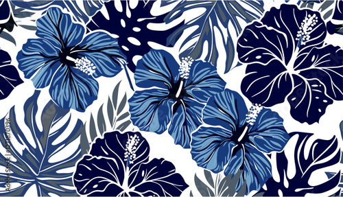 Tropical leaves, blue hibiscus flowers, vintage vector pattern, seamless wallpaper, botanical art, floral design, nature-inspired, retro theme