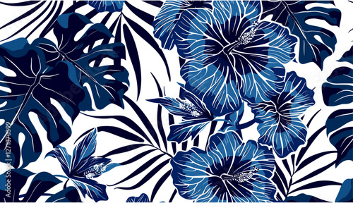 Seamless vector pattern, blue hibiscus flowers, tropical leaves, vintage wallpaper, botanical illustration, floral background, retro style, nature art