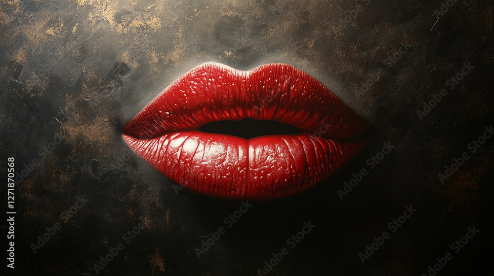 Bold red lips create a striking visual contrast against a dark textured background Bold red lips create a striking visual contrast against a dark textured background
