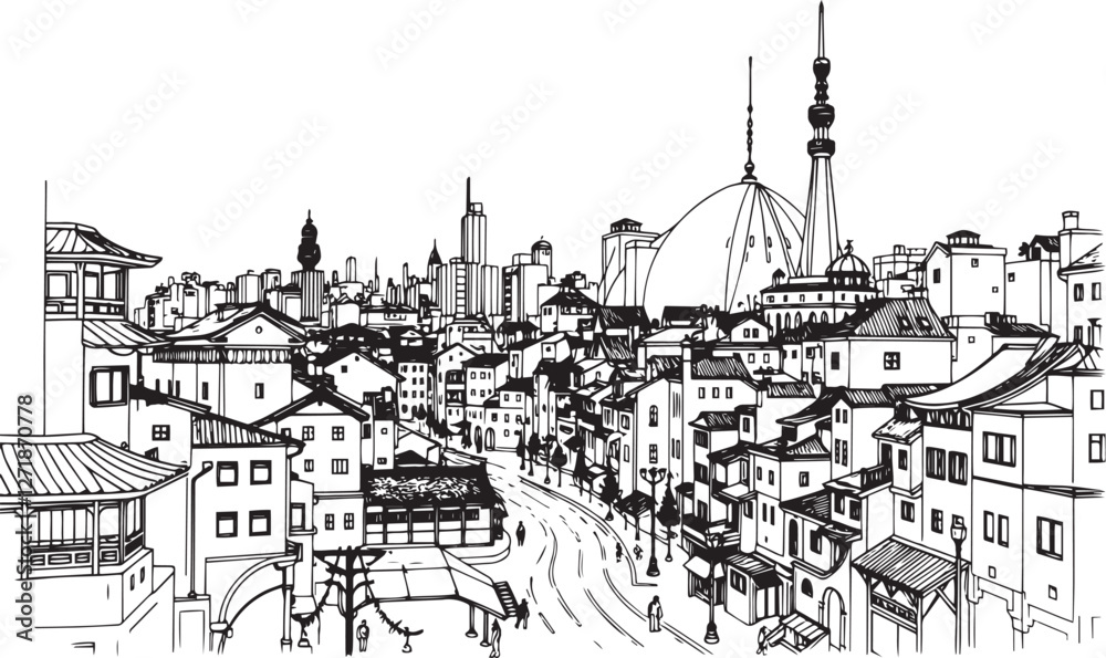 Obraz premium City landscape. Different buildings on street, outline cityscape hand sketch, flat houses. Hand drawn vector illustration