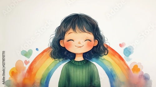 A joyful watercolor illustration of a child standing under a colorful rainbow with a pencil in hand. Ideal for children's artwork, educational materials, and vibrant designs. photo