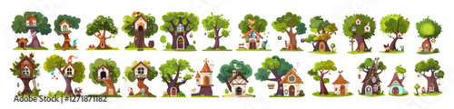 Cartoon fantasy tree houses for kids, fairytale forest buildings with windows, doors, gnome, dwarf, elf isolated set, fun games, activities, white background, vector illustration