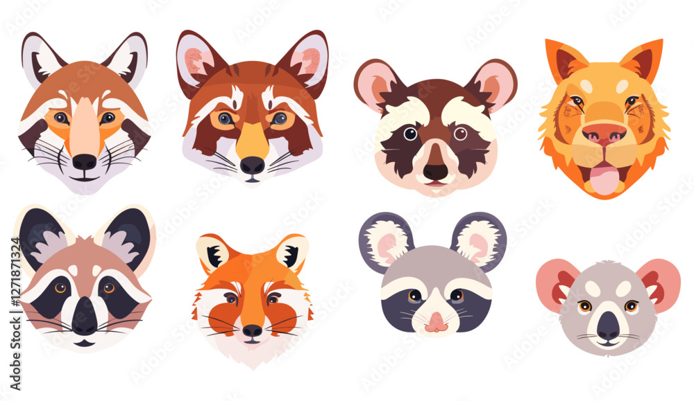 Fototapeta premium Cute animal face masks for selfie, video chat, mobile app, social content, cartoon vector illustration, cat, dog, fox, raccoon, rabbit, lion, koala, mouse, giraffe