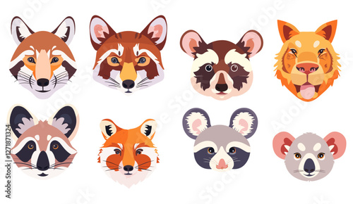 Cute animal face masks for selfie, video chat, mobile app, social content, cartoon vector illustration, cat, dog, fox, raccoon, rabbit, lion, koala, mouse, giraffe