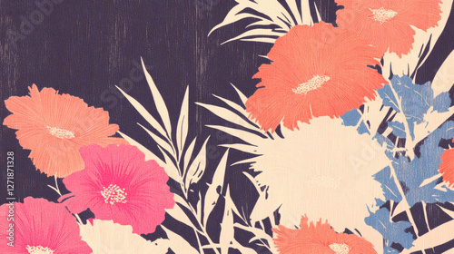 Vintage Floral Illustration with Vibrant Flowers on Textured Background