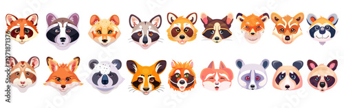 Cartoon animal face masks for selfie, video chat, pet heads, cat, dog, fox, raccoon, rabbit, lion, koala, mouse, giraffe, mobile app, social media