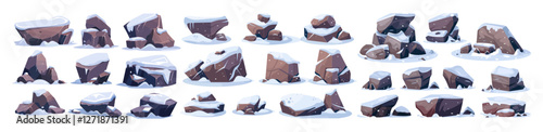 Cartoon vector illustration of snow-covered granite boulders, rocky cobbles, solid mountain debris, winter hard rock lumps, natural geological materials, game UI assets