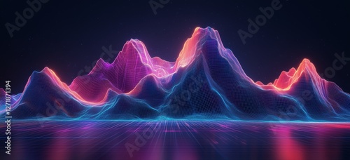 Vibrant neon mountain landscape glowing in the night