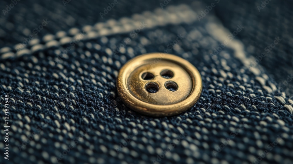 Brass button on denim fabric close up Brass button on denim fabric close up