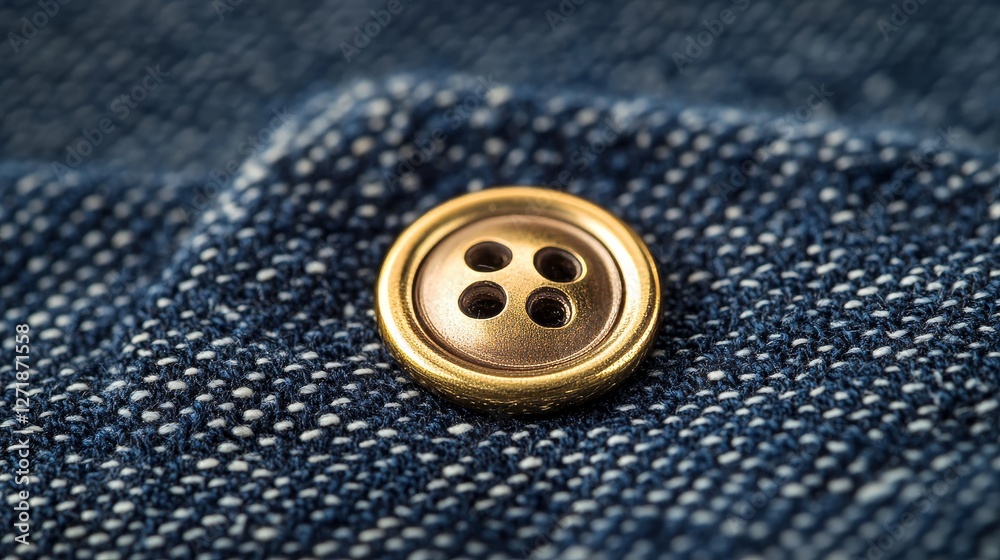 Brass button on denim fabric close up Brass button on denim fabric close up