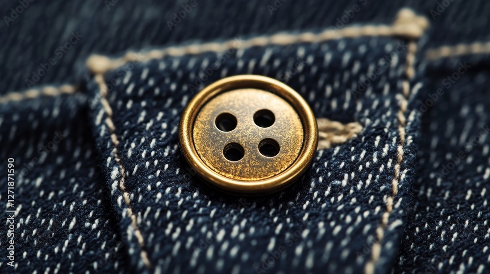 Brass button on denim fabric close up Brass button on denim fabric close up
