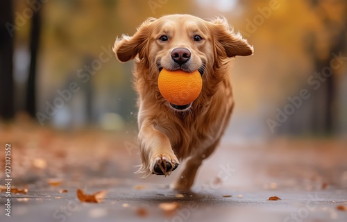 Golden retriever running with an orange ball on a foggy autumn day in the park