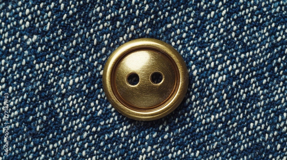 Brass button on denim fabric close up Brass button on denim fabric close up