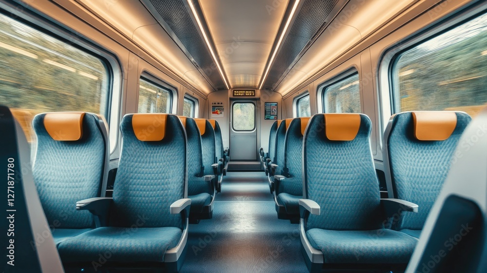 Fototapeta premium An interior view of a modern train carriage, featuring comfortable seating and clean design, illustrating the convenience and comfort of contemporary rail travel.