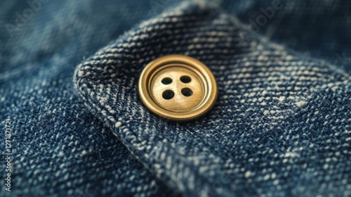 Brass button on denim fabric close up photo