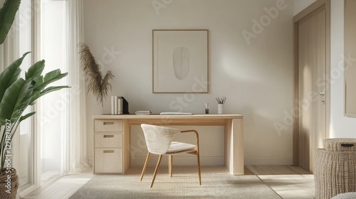 Wallpaper Mural An inviting Nordic home office with a minimal desk, ergonomic chair, and natural materials, emphasizing functionality and a calm, uncluttered workspace. Torontodigital.ca