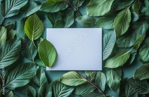 Fresh green leaves surround a blank card on a calming blue background in an o...