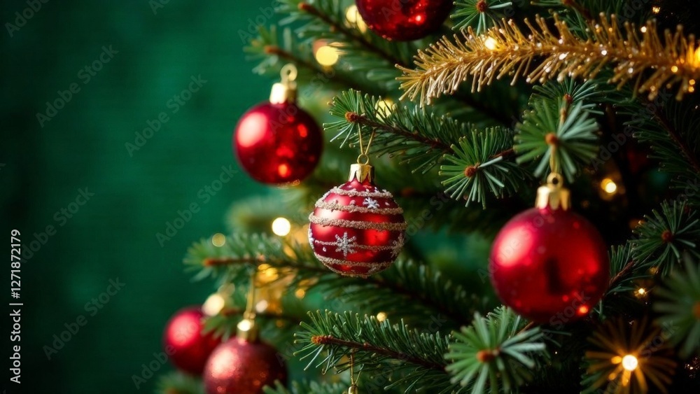 A Christmas tree with red ornaments hanging from it. The tree is lit up and the ornaments are shiny and bright A Christmas tree with red ornaments hanging from it. The tree is lit up and the ornaments are shiny and bright