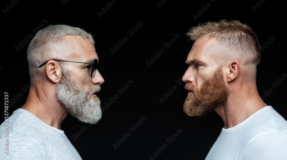 Two men facing, beards, studio, black background, profile Two men facing, beards, studio, black background, profile