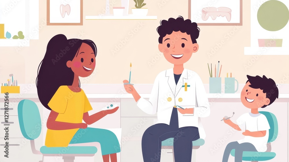 Friendly Dentist with Kids in Modern Clinic Setting Friendly Dentist with Kids in Modern Clinic Setting