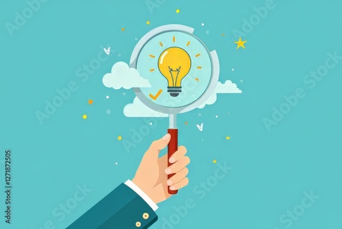 Wallpaper Mural Hand holding magnifier glass with one light bulb and idea checking icon inside it Torontodigital.ca