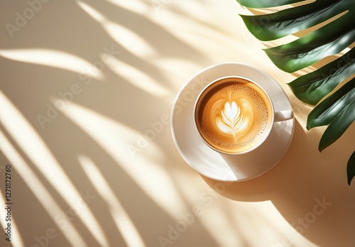 Enjoying a cup of coffee with latte art and tropical leaves in a bright space