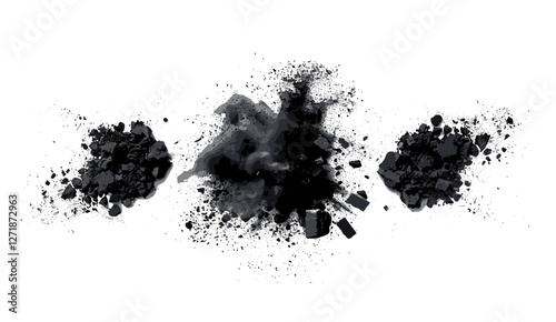 Realistic bamboo charcoal explosion, vector illustration of carbon powder splash, floating coal particles, dust cloud, transparent png, macro closeup, black charcoal powder