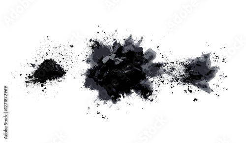 Charcoal powder explosion, realistic bamboo coal splash, floating carbon particles, dust cloud, macro closeup, transparent png, black charcoal, vector illustration