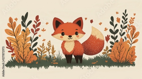 A charming watercolor illustration of a fox surrounded by autumn leaves in a forest setting. Ideal for nature-themed designs, children’s artwork, and fall promotions. photo