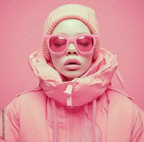 Bright pink fashion display featuring stylish winter attire in a soft pastel ...