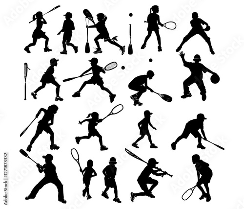 Vector silhouette of children playing sports, hockey, baseball, basketball, soccer, volleyball, golf, cricket, tennis, boy and girl