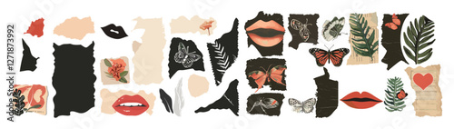 Vector collage of wrinkled paper, torn notepaper, scrap music sheet, retro gazette, butterfly stamp, plants, mouth, trendy retro modern stickers