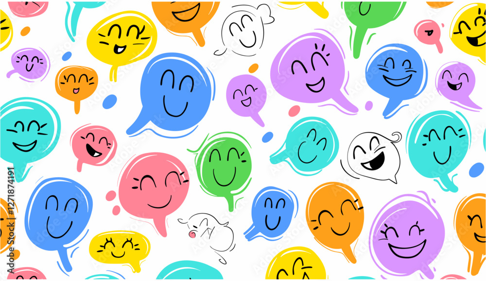 Naklejka premium Multi-color rainbow cartoon text balloon, groovy children doodle style, colorful chat bubble seamless pattern, vector illustration, teamwork background concept.