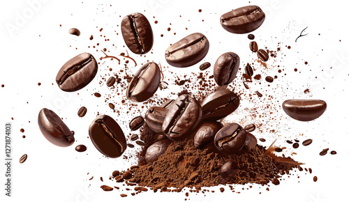 Vector illustration of coffee beans, powder explosion isolated on transparent background, cappuccino, roast, barista, morning brew
