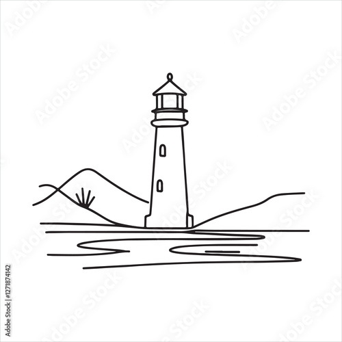 Single one line Continuous one simple single abstract line drawing of lighthouse icon in silhouette on a white background silhouette on white background
