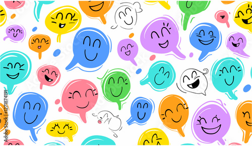 Multi-color rainbow cartoon text balloon, groovy children doodle style, colorful chat bubble seamless pattern, vector illustration, teamwork background concept.