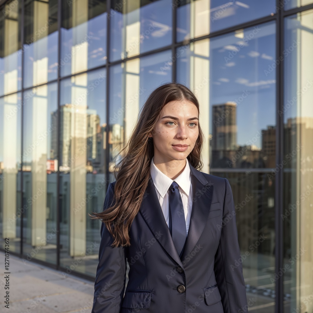 A woman in a business suit and tie stands in front of a glass building A woman in a business suit and tie stands in front of a glass building