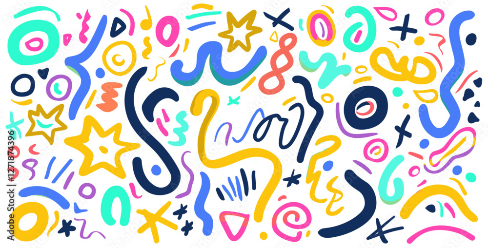 Obraz premium Abstract squiggly lines, colorful doodle swirls, hand-drawn shapes, freeform strokes, children party celebration, trendy design, white background.