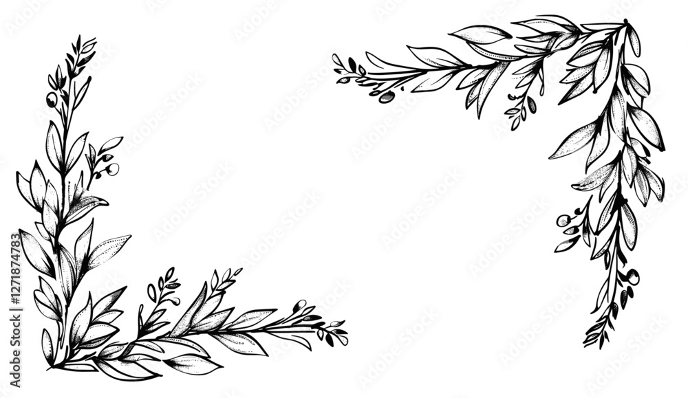 Vector illustration, corner flourish border set, rustic floral element, hand drawn doodle style, decorative ornament, vintage frame, elegant design, artistic line art, botanical decor