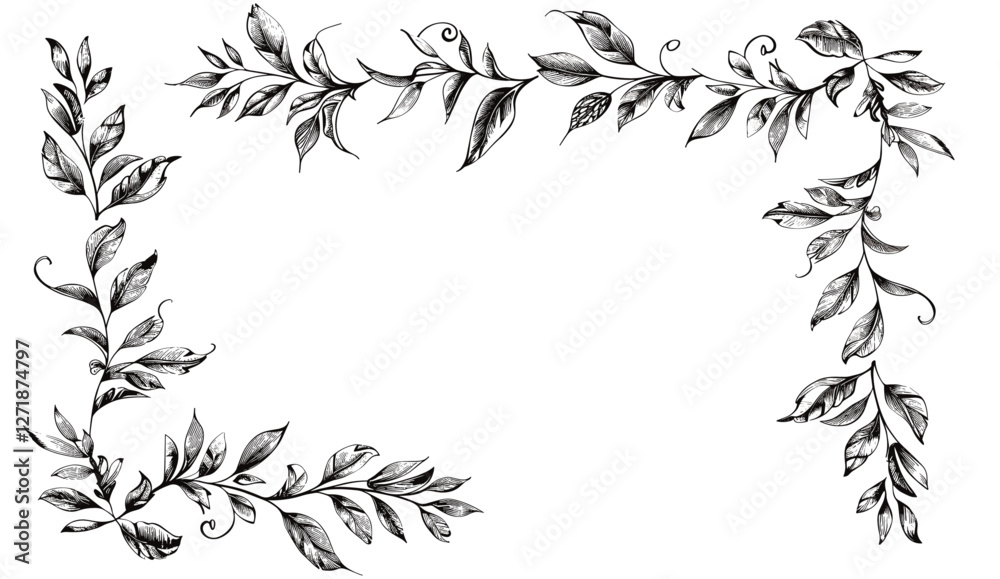 Hand drawn corner flourish border set, doodle style, rustic floral element, vector illustration, elegant vintage frame, ornamental decoration, decorative line art, isolated on white background.