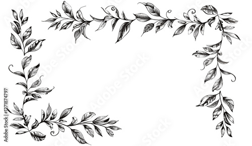 Hand drawn corner flourish border set, doodle style, rustic floral element, vector illustration, elegant vintage frame, ornamental decoration, decorative line art, isolated on white background.