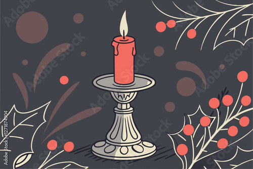  Glowing red candle flame, ornate silver candleholder, dark moody background, bokeh lights, warm ambiance, close-up photography, shallow depth of field, atmospheric lighting, festive mood, holiday s