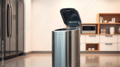 sleek modern tall trash can hands free sensor lid stainless steel finish elegant contemporary kitchen office space, sensor lid, hands free, office
